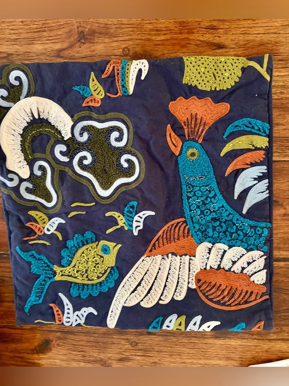 Set of 2 - West Elm Embroidered Navy Pillow Covers w/Colorful Bird Motif 20x20